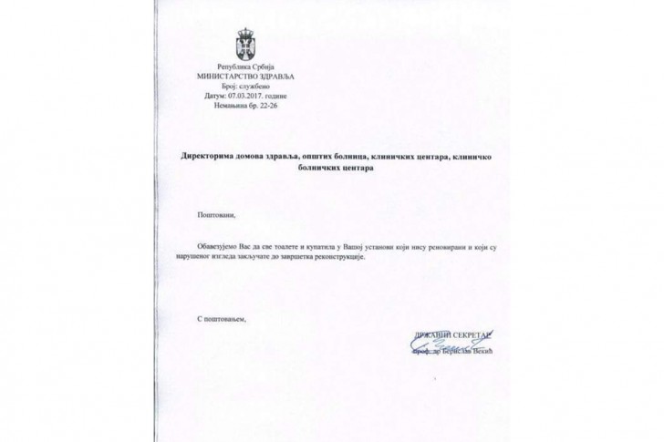 Dopis Ministarstva zdravlja