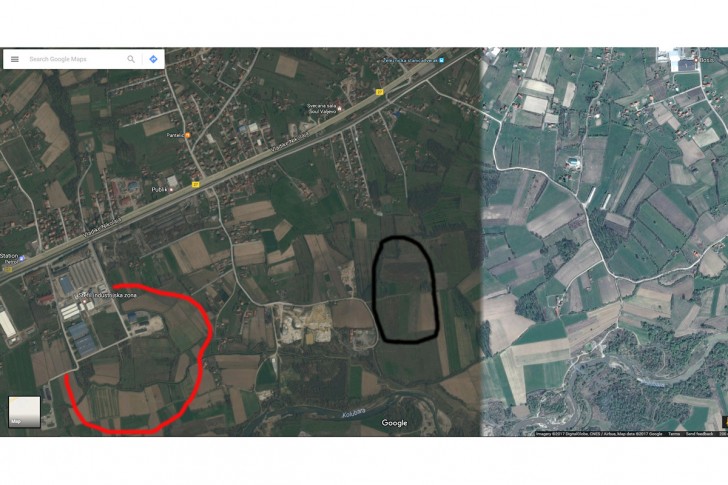 Parcele kod Industrijske zone (crveno) i Vujićeva zemlja (crno)