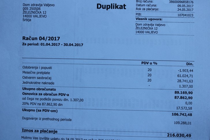 Aprilski račun za telefone u Domu zdravlja