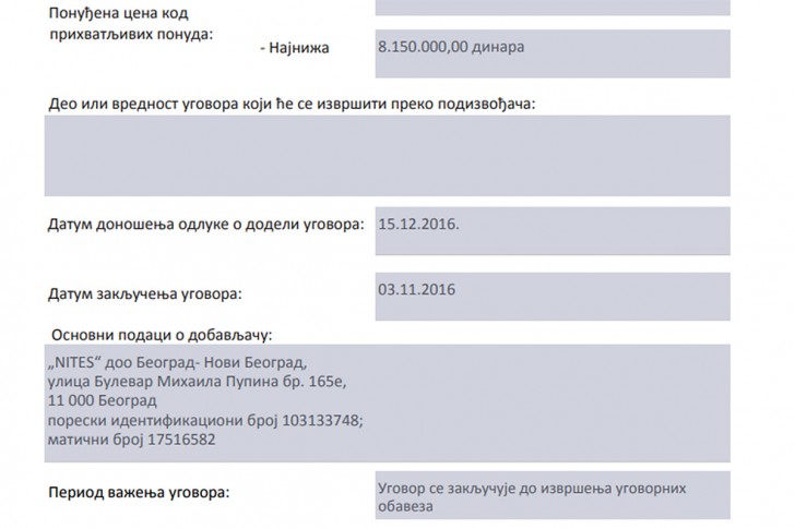 Obaveštenju o zaključenom ugovoru (Grad i NITES doo)