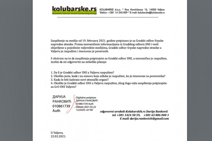 Kolubarse.rs uputile pitanja SNS